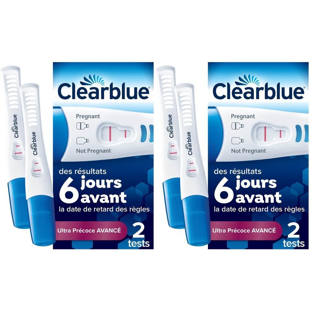 Deux tests de grossesse Clearblue dans leur emballage. Affiche deux tests et leurs résultats.