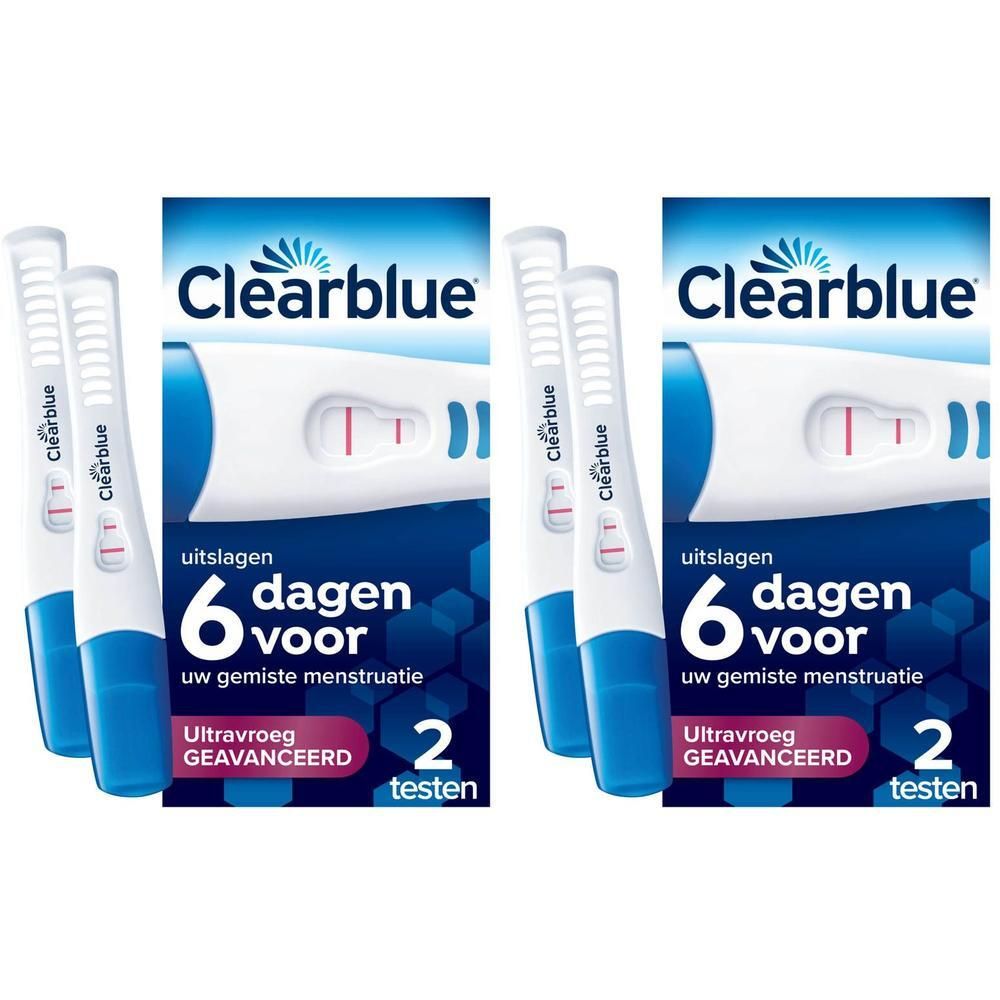 Twee Clearblue zwangerschapstesten in verpakking. Toont twee testen en testresultaten.