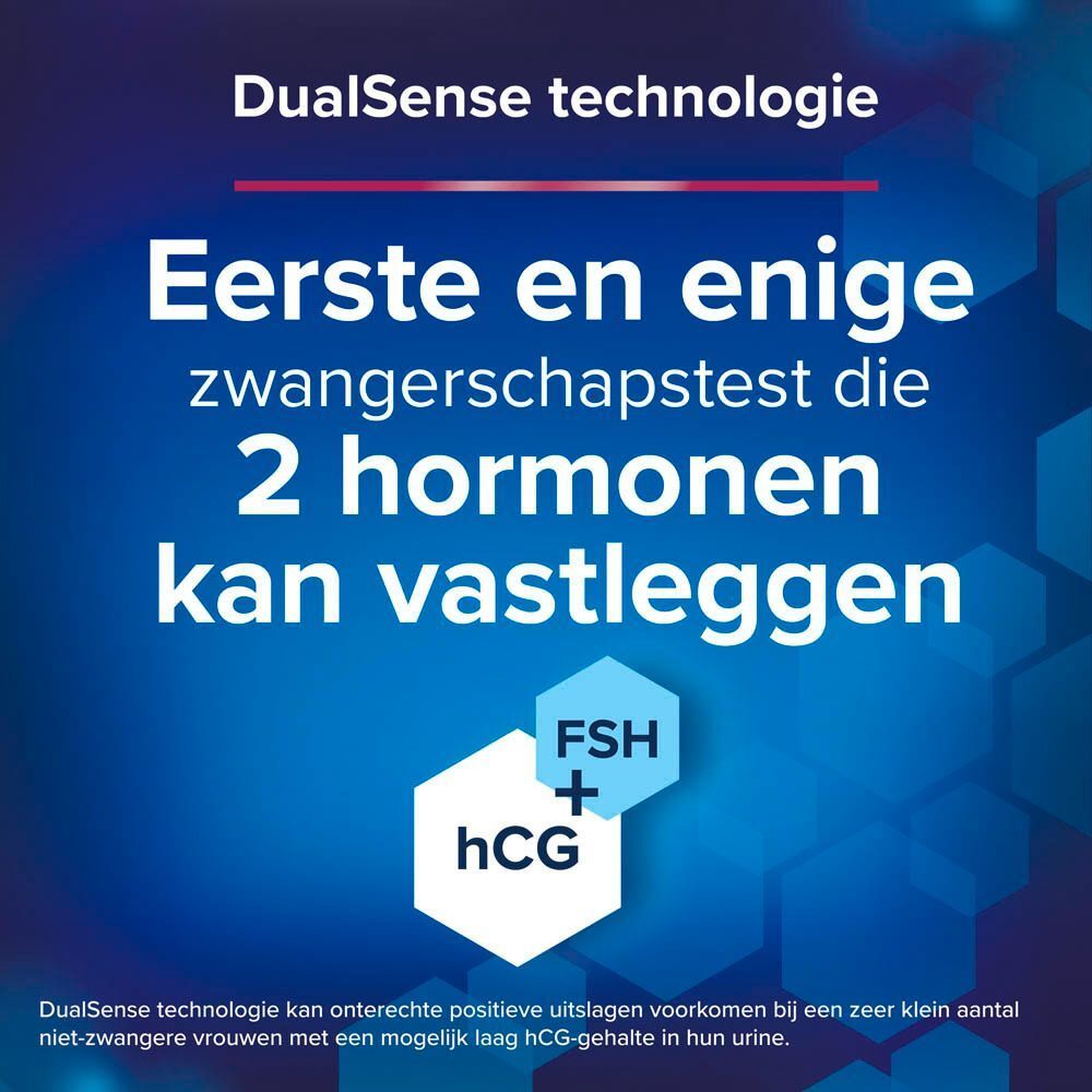 Clearblue Test: "Eerste en enige zwangerschapstest die 2 hormonen kan vastleggen". Toont FSH + hCG.