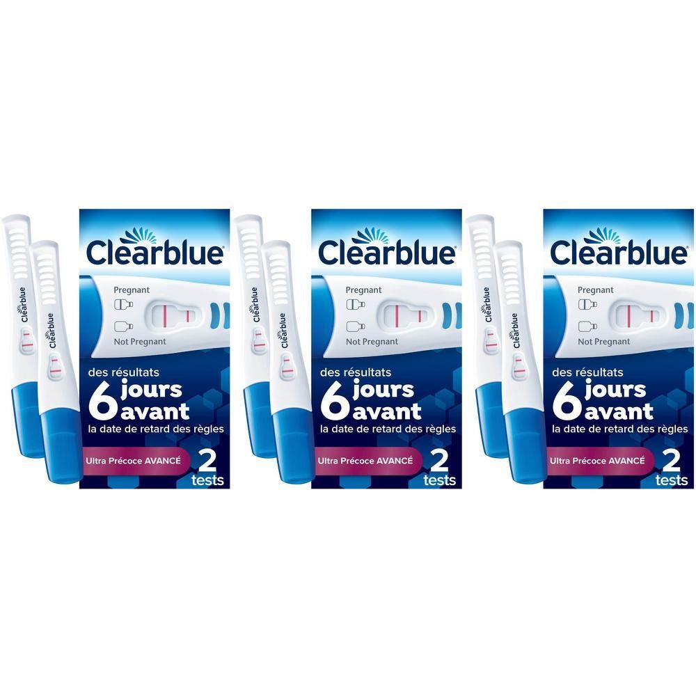 Trois boîtes de tests de grossesse Clearblue, chacune contenant deux tests.