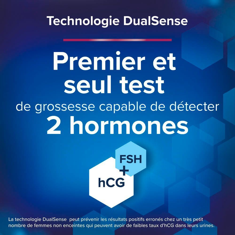 Test Clearblue avec technologie DualSense, détecte 2 hormones.