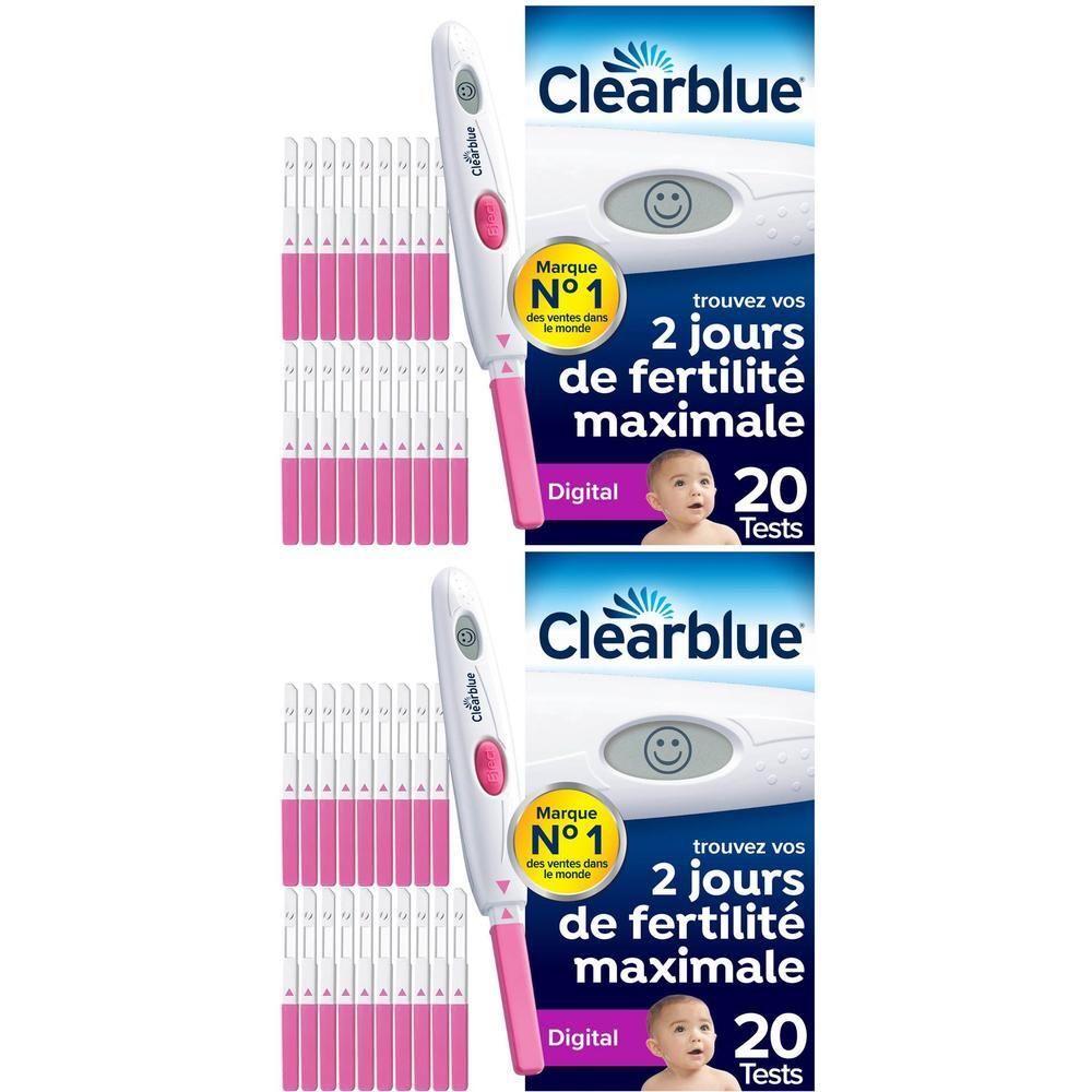 Deux boîtes de 20 tests d'ovulation Clearblue avec testeurs numériques.