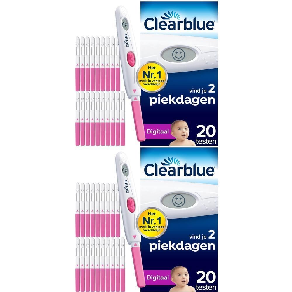 Twee verpakkingen Clearblue ovulatietests met elk 20 tests en digitale ovulatietesters.