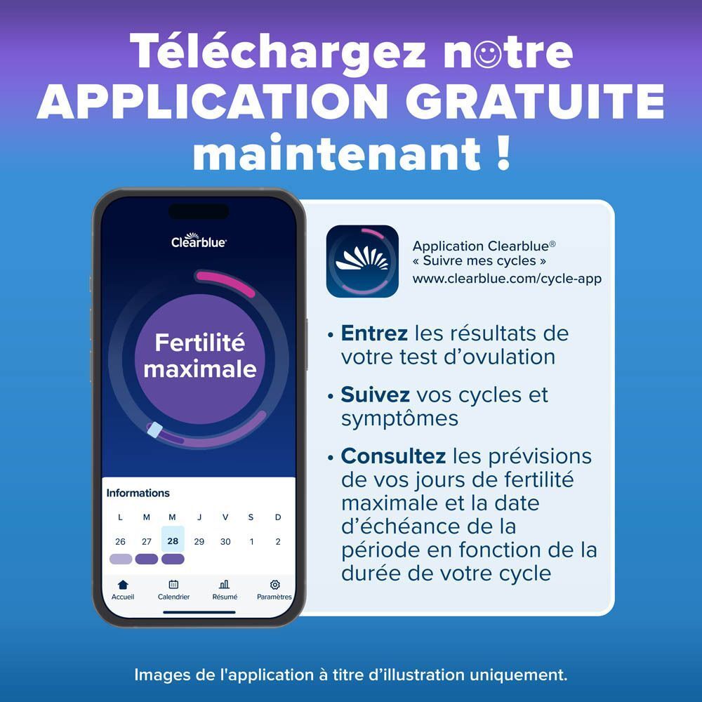 Smartphone avec l'application Clearblue pour le suivi du cycle et un panneau d'information.