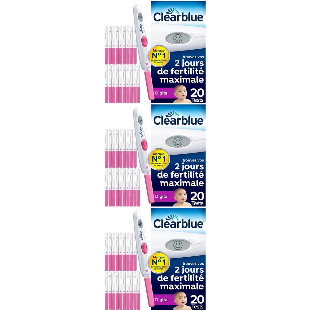 Trois boîtes de tests d'ovulation Clearblue, chacune contenant 20 tests et un testeur digital.