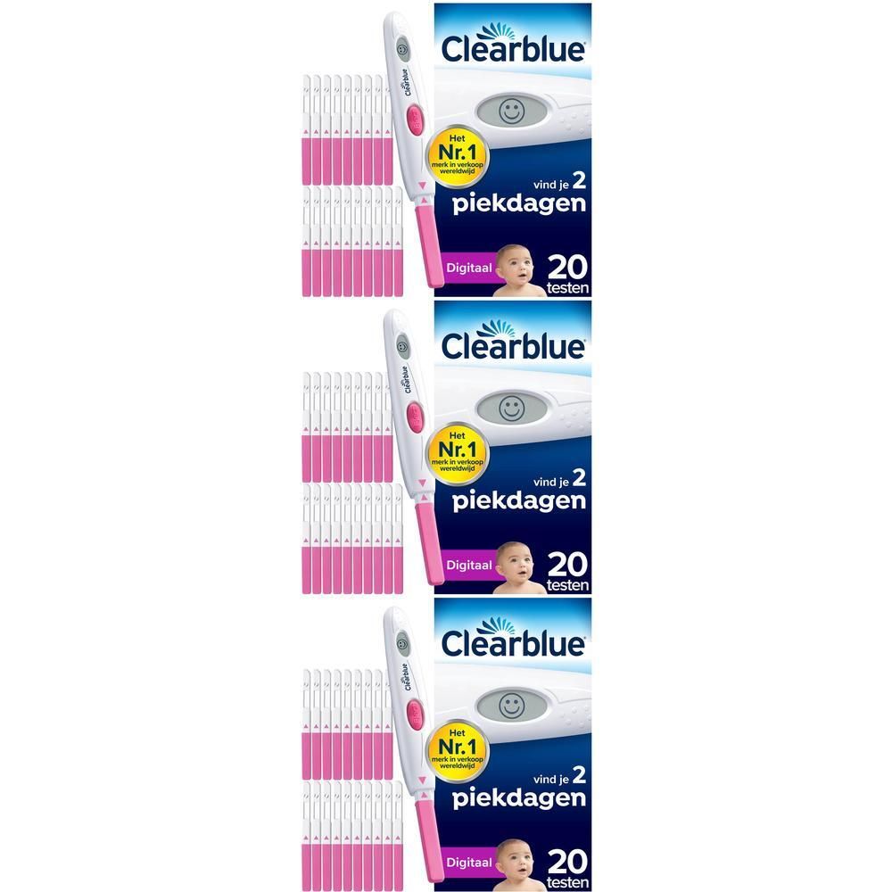 Drie verpakkingen Clearblue ovulatietests, elk met 20 tests en een digitale tester.