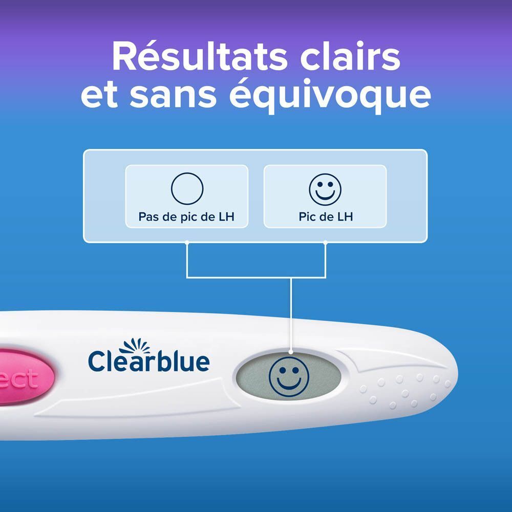 Testeur digital d'ovulation Clearblue affichant un smiley pour un pic de LH.
