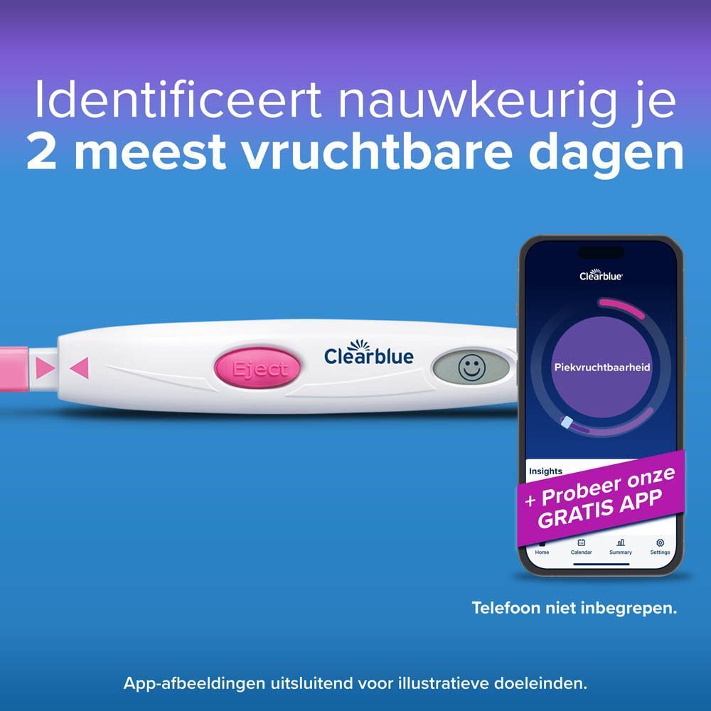 Digitale ovulatietest Clearblue met smiley die een vruchtbare dag aangeeft.