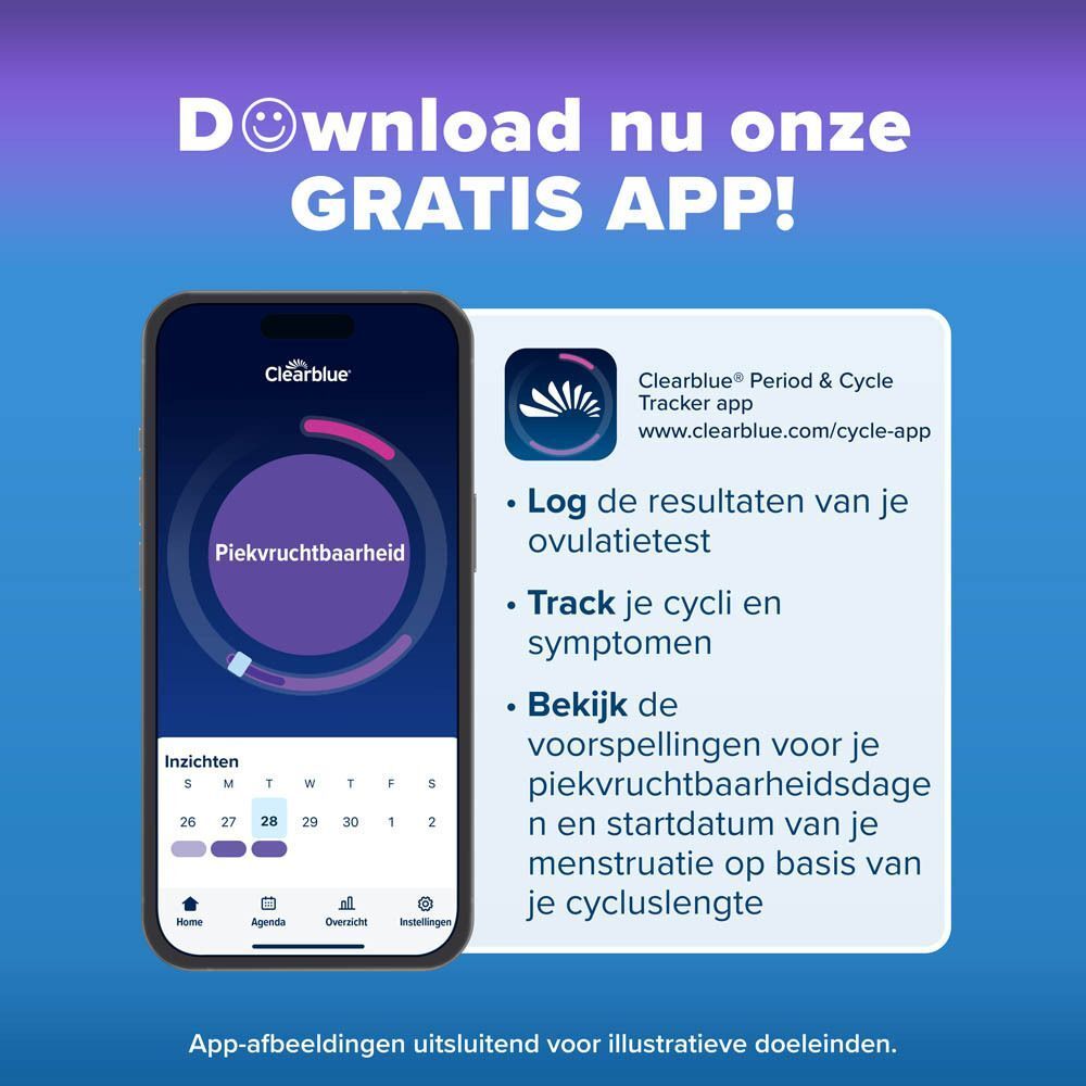 Mobiele app voor het volgen van de menstruatiecyclus en vruchtbaarheid met Clearblue-resultaten.