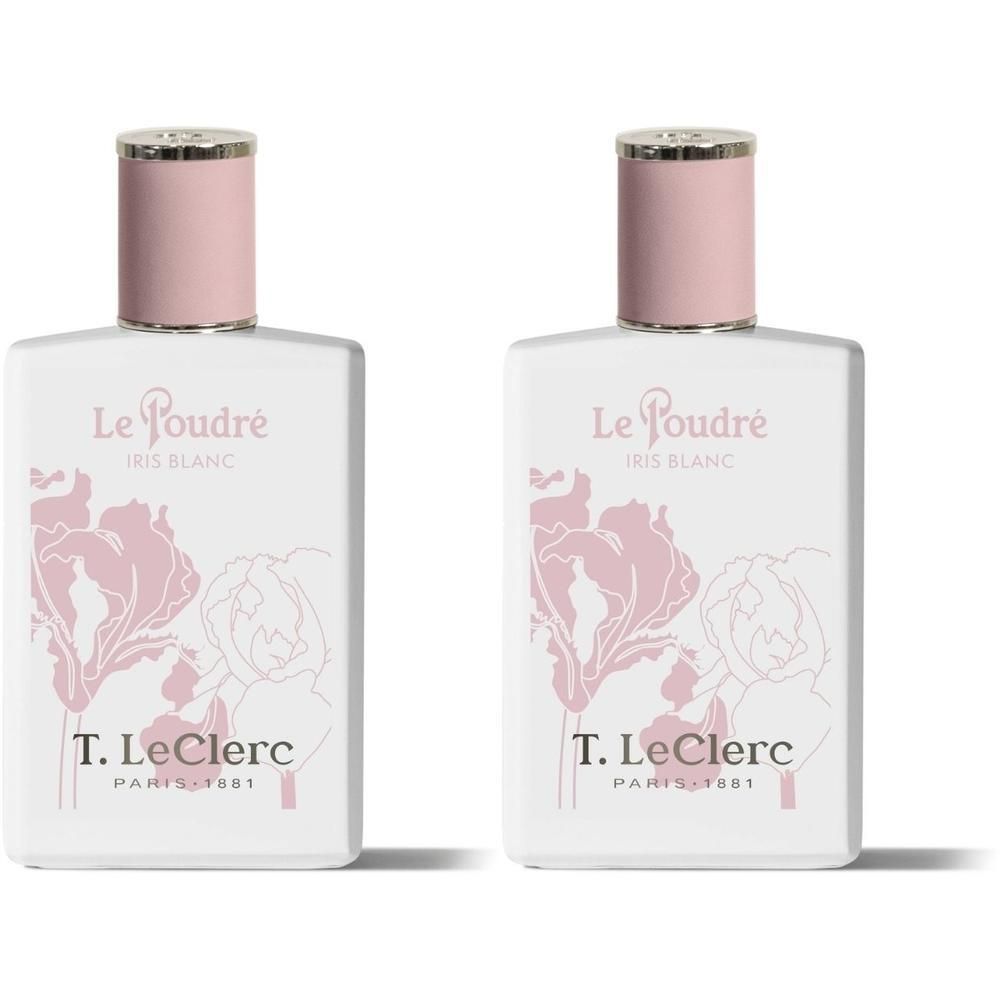 Deux flacons blancs avec motif d'iris rose et bordure argentée.