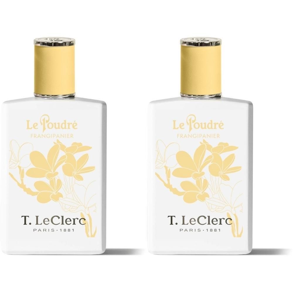 Deux flacons blancs avec bouchons jaunes et motif fleur de frangipanier.