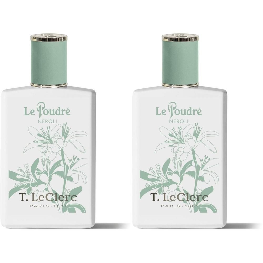 Deux flacons de T. LeClerc Parfum Le Poudré Néroli avec motif de fleur de néroli.