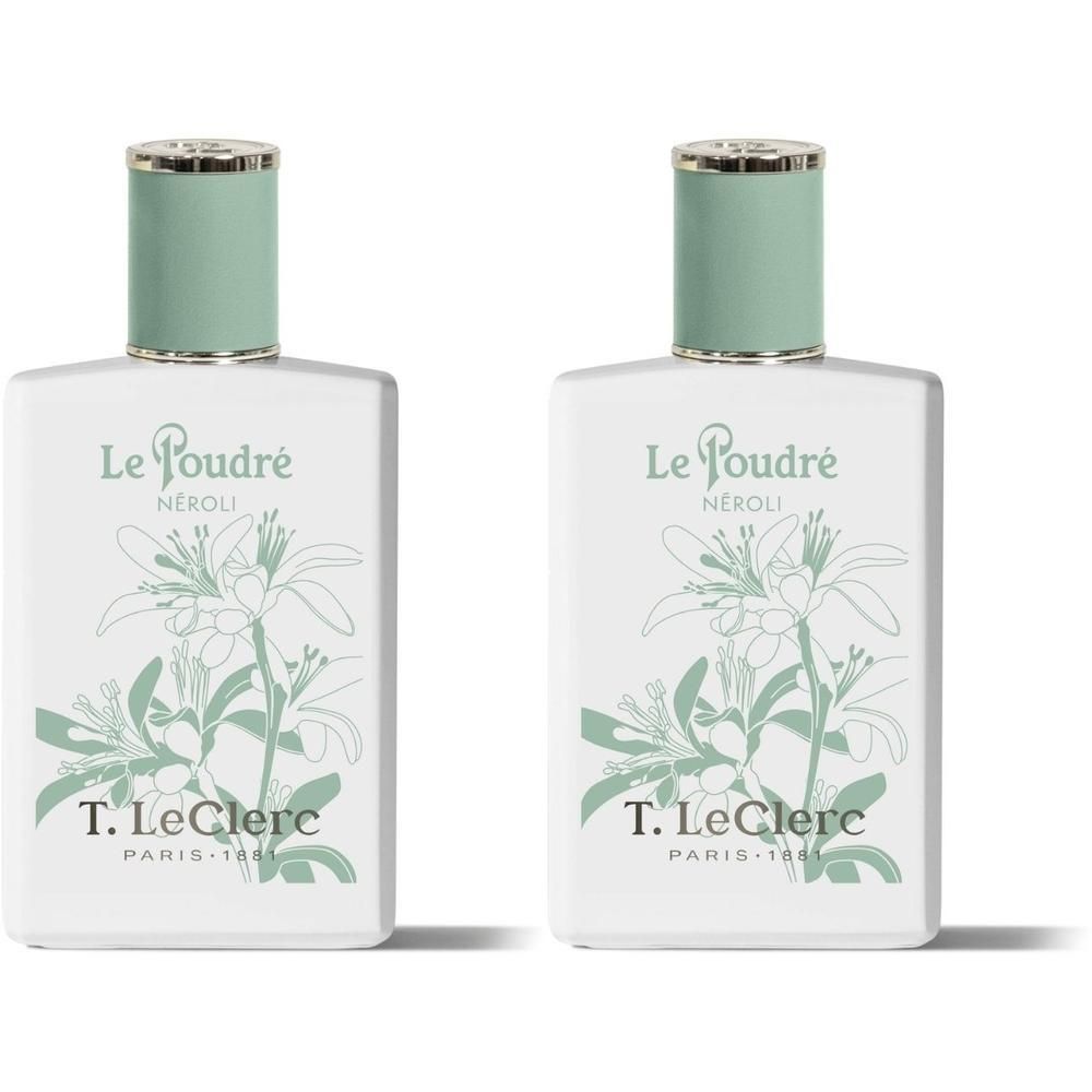 Twee flacons T. LeClerc Parfum Le Poudré Néroli met nerolibloem-ontwerp.