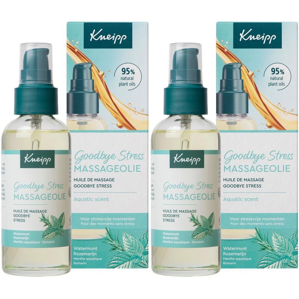 Twee flessen Kneipp Massageolie Goodbye Stress met pompdos. 95% natuurlijke plantaardige oliën.