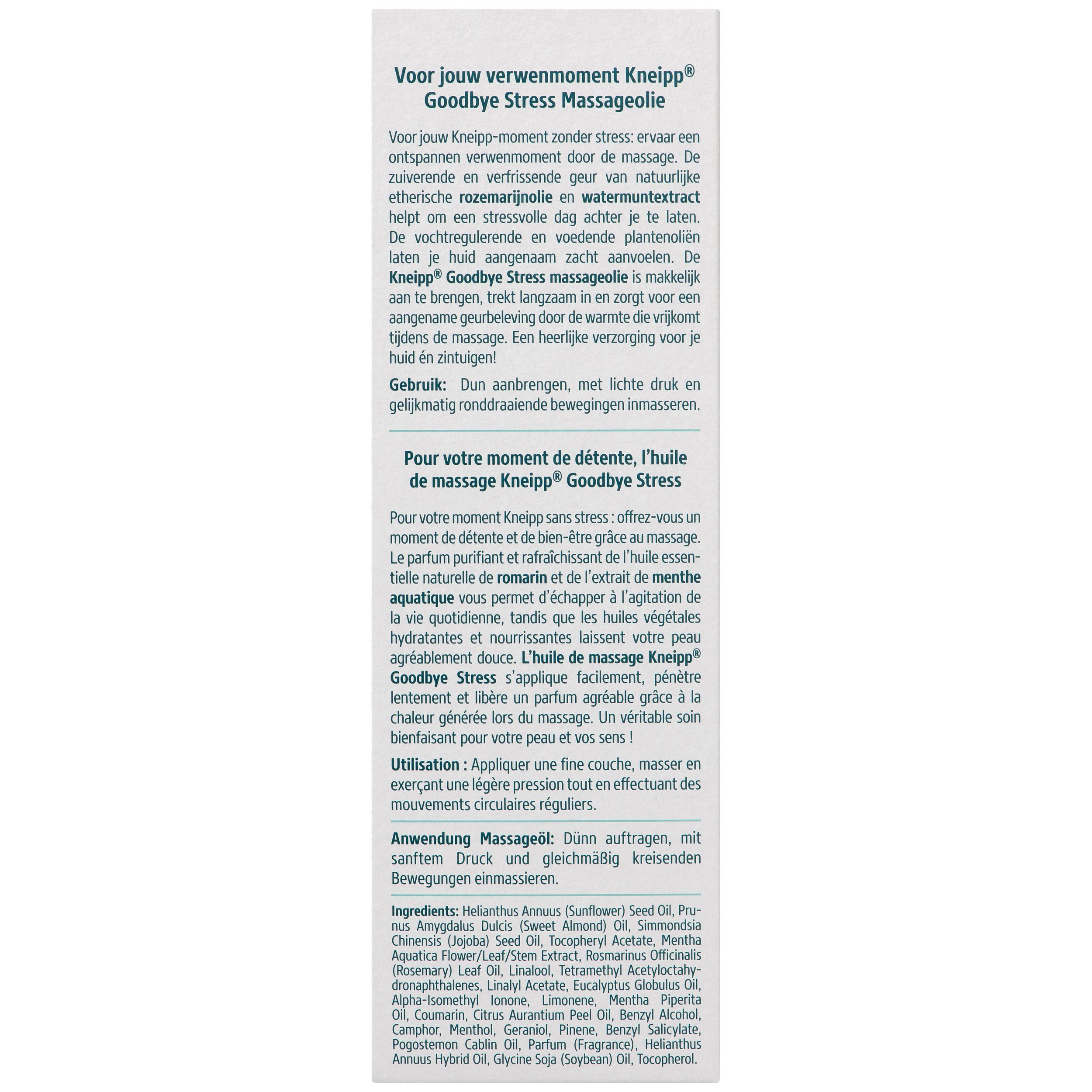 Arrière de l'emballage de l'huile de massage Kneipp Goodbye Stress avec ingrédients et instructions.