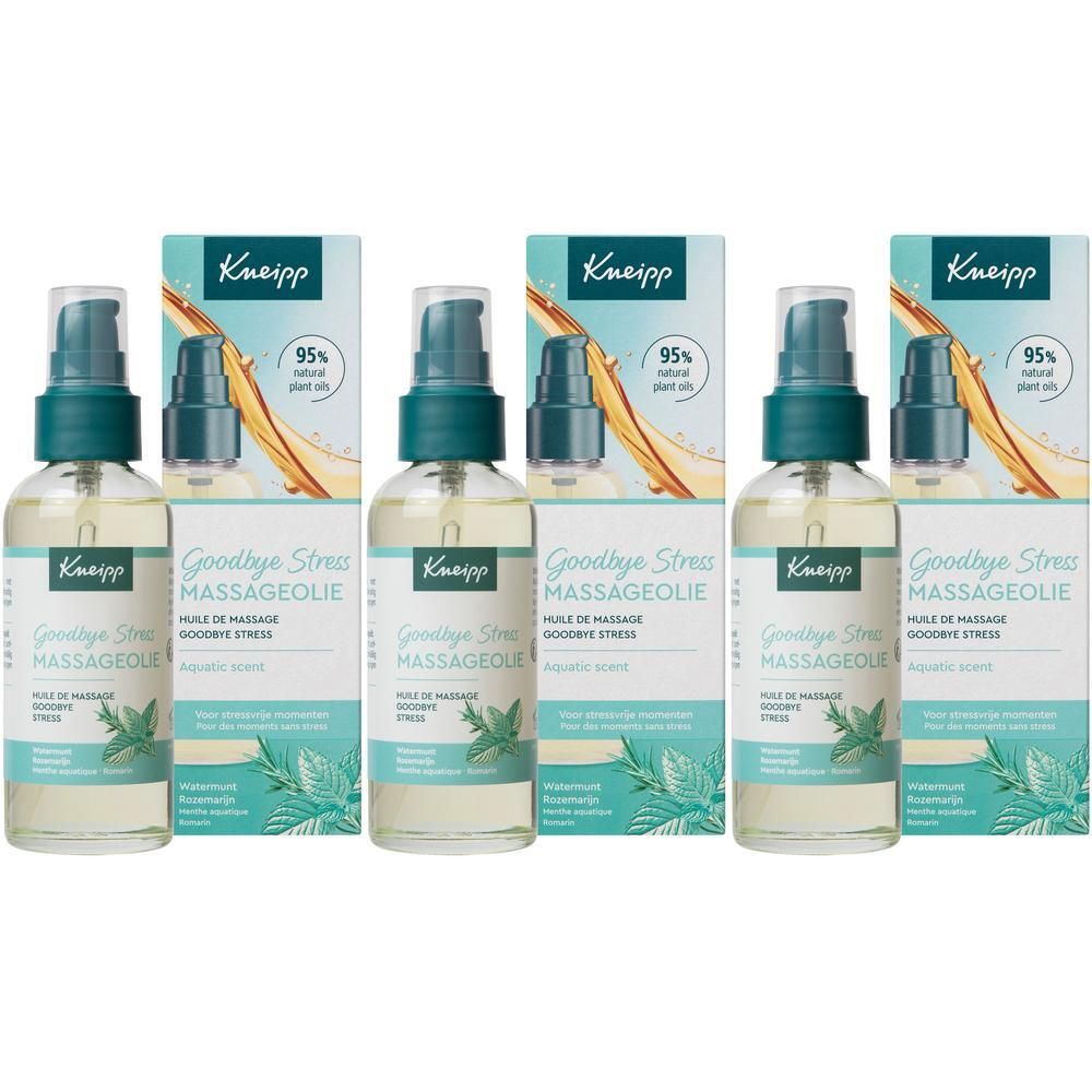 Trois flacons d'huile de massage Kneipp Goodbye Stress avec pompe et emballage cartonné.