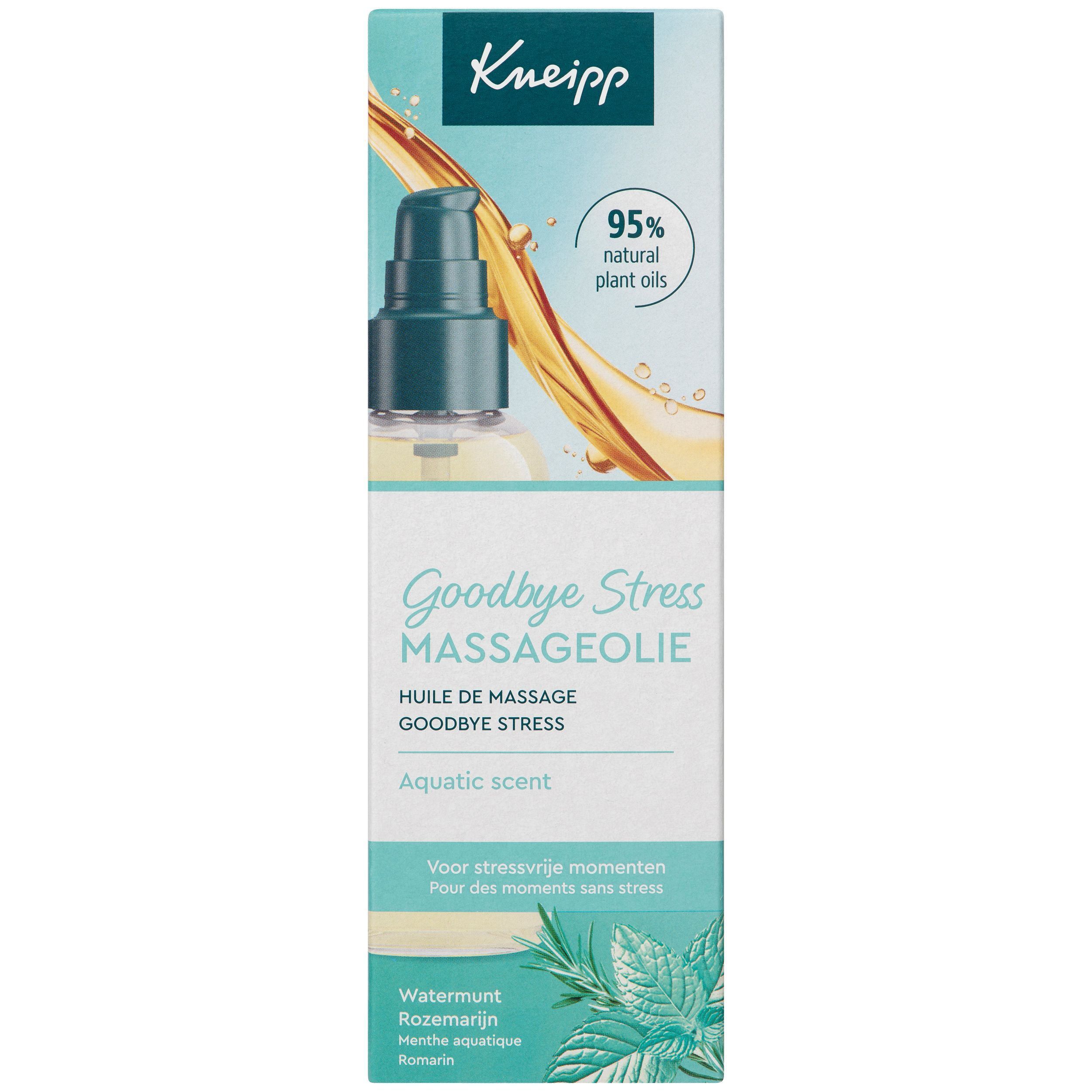Emballage cartonné pour huile de massage Kneipp Goodbye Stress avec illustration de flux d'huile et plante.