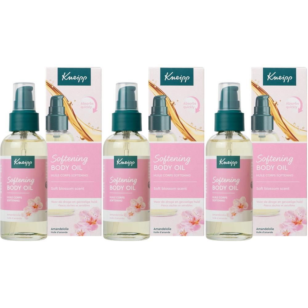 Trois flacons d'Huile Corps Kneipp Softening avec pompes et boîtes.