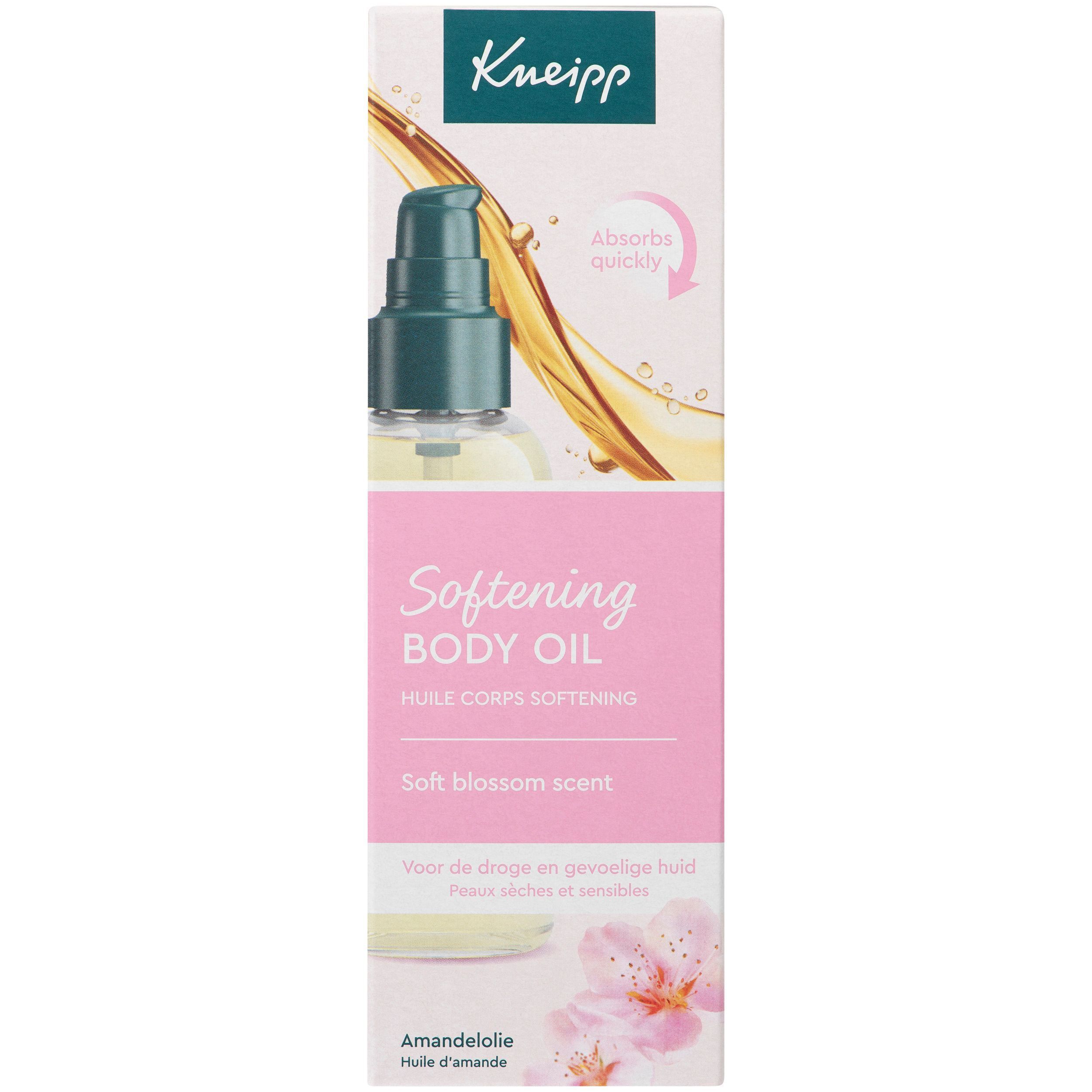 Fles en doosje Kneipp Verzachtende Body Oil met bloemen en olie-stroom design.