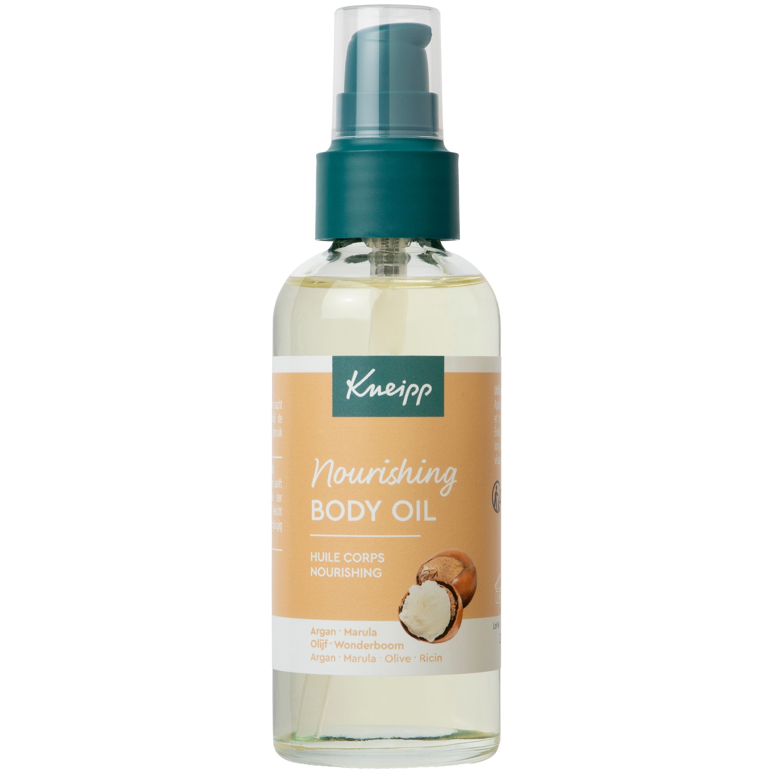 Flacon d'huile corporelle Kneipp avec pompe. Huile jaune dans un flacon transparent avec étiquette orange et jaune.