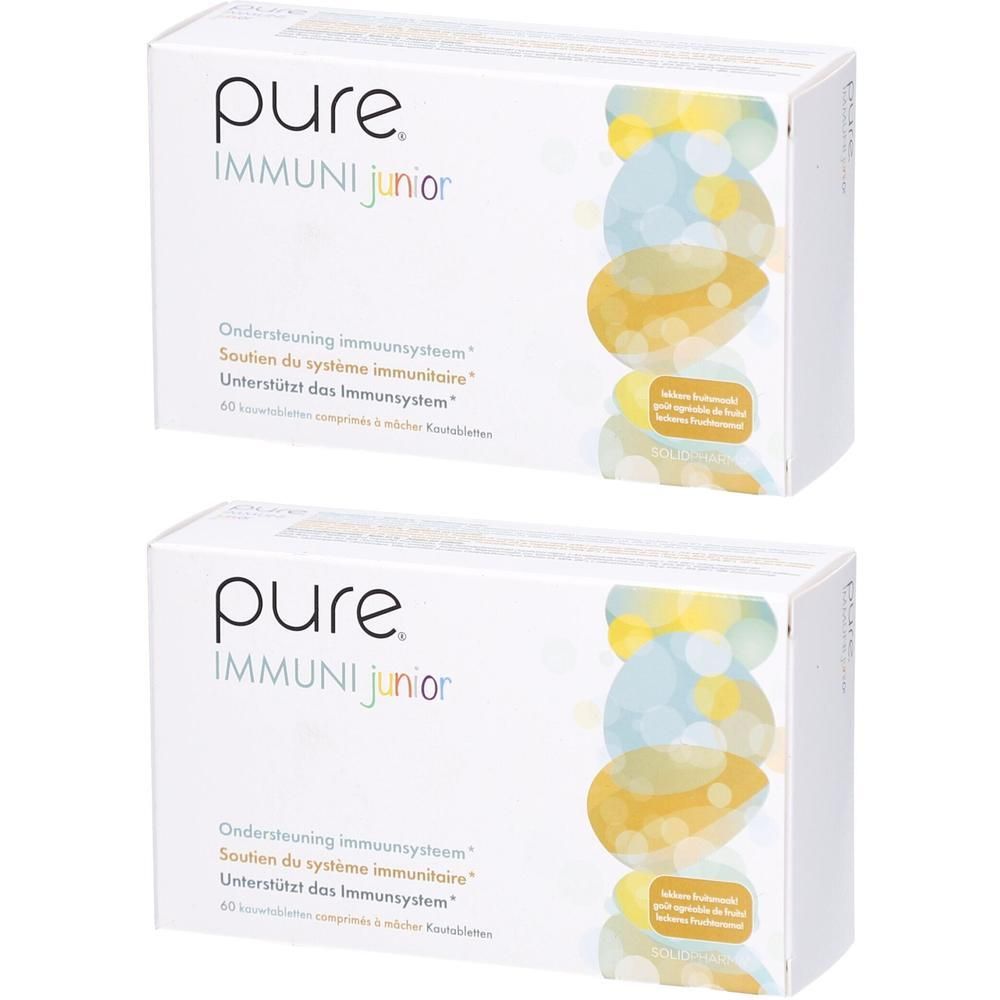 Twee pakken Pure Immuni Junior met 60 kauwtabletten per pak. Ondersteunt het immuunsysteem.