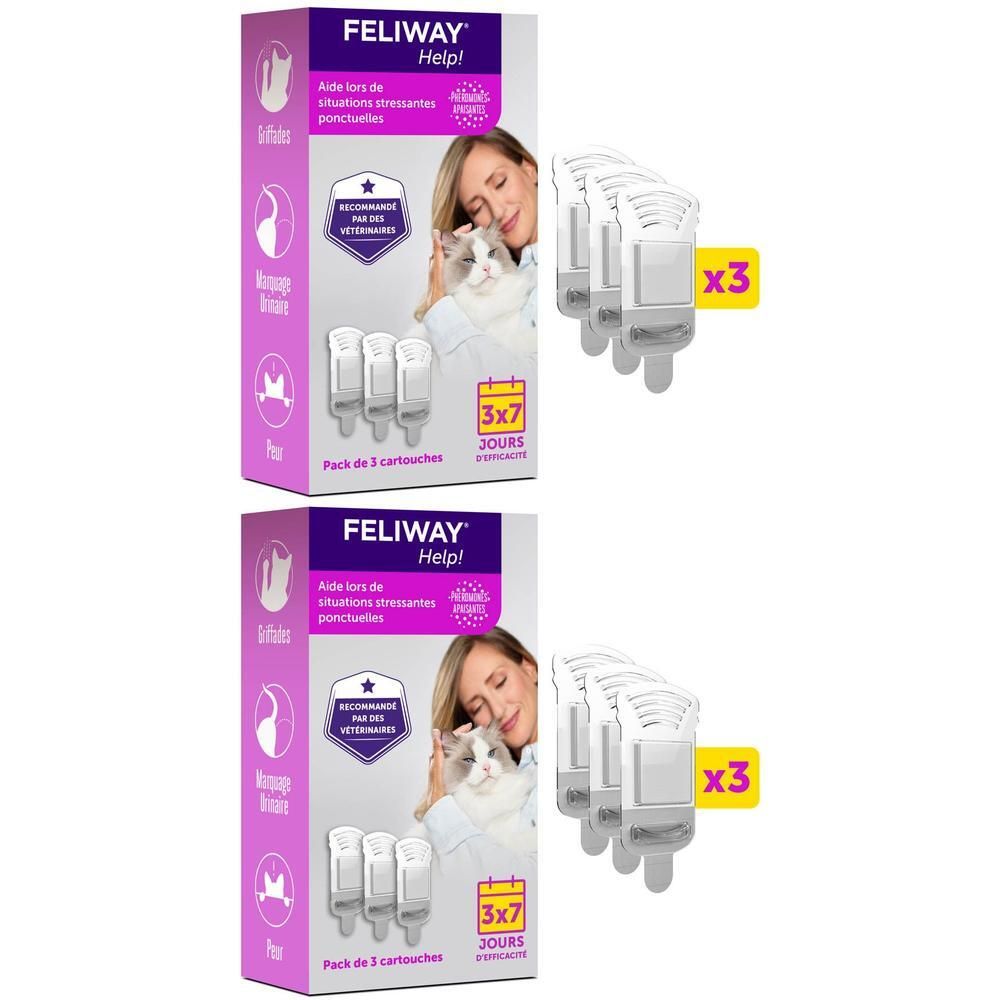 Deux boîtes Feliway Help, chacune contenant 3 cartouches diffuseur pour chat.