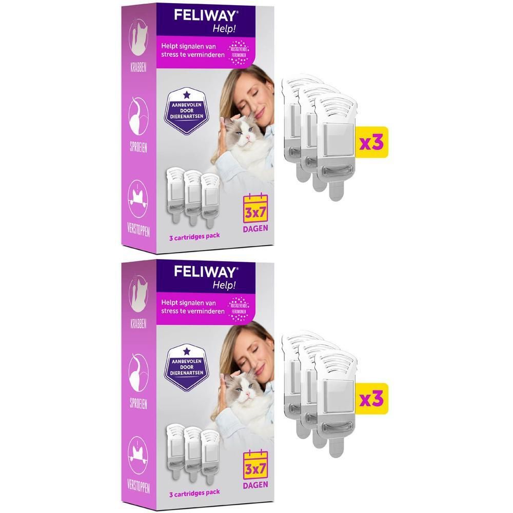 Twee Feliway Help verpakkingen, elk met 3 kattenverdamper navullingen.