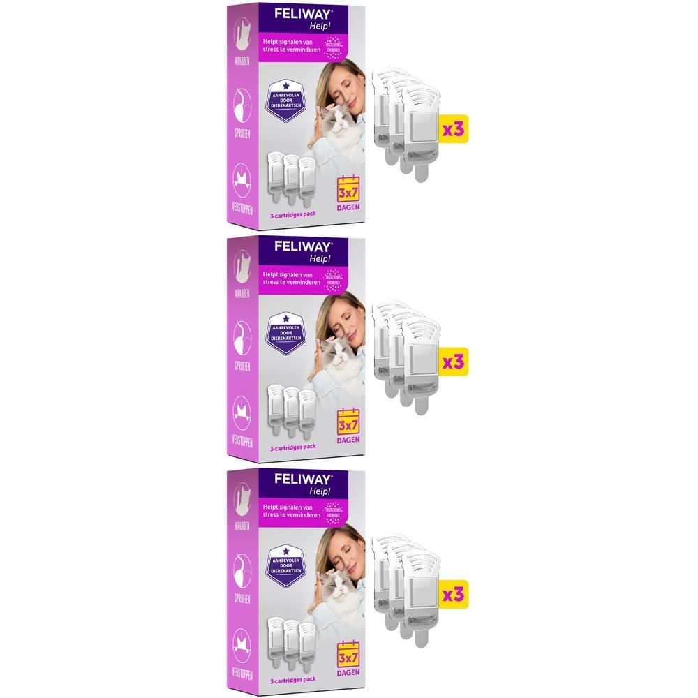 Drie Feliway Help! navulverpakkingen met elk 3 cartridges.