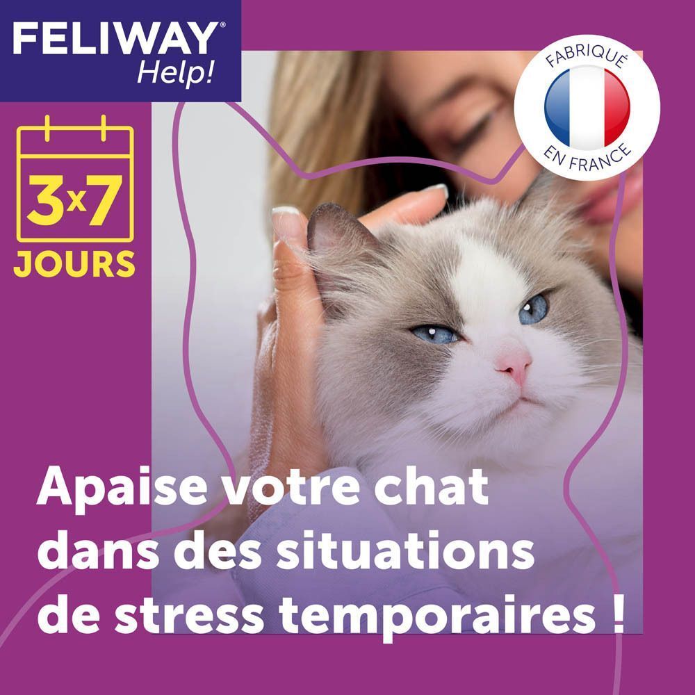 Femme caressant un chat, logo Feliway Help!, mention "3x7 Jours" et sceau "Fabriqué en France".