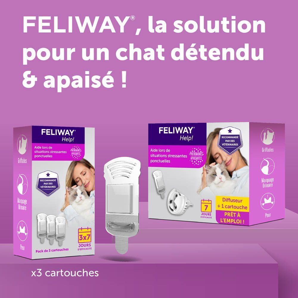 Emballage Feliway Help! avec 3 cartouches et un diffuseur, à côté un pack "Diffuseur + 1 cartouche".