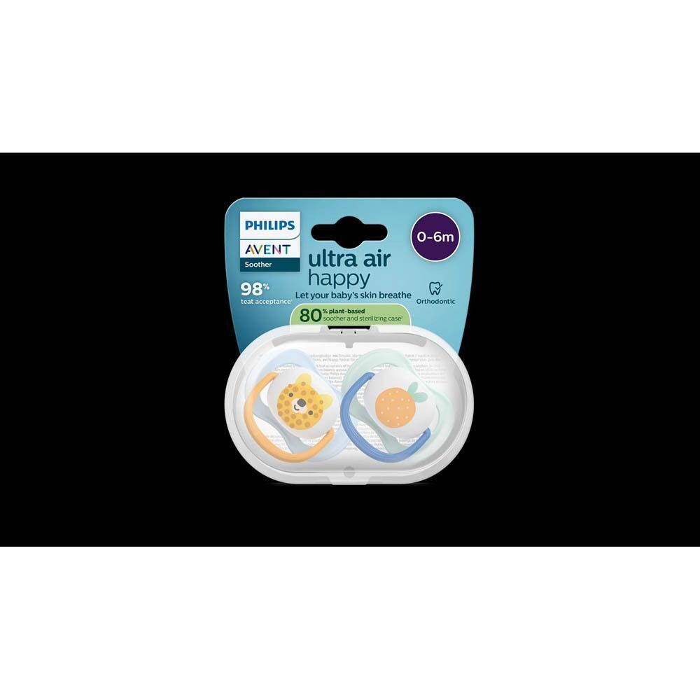 Emballage de deux sucettes Philips Avent Ultra Air, 0-6m. Motifs léopard et orange.