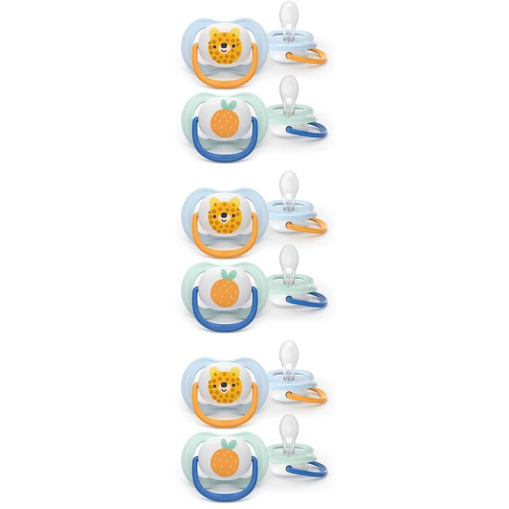 Vijf Philips Avent Ultra Air fopspenen met dieren- en fruitmotieven.