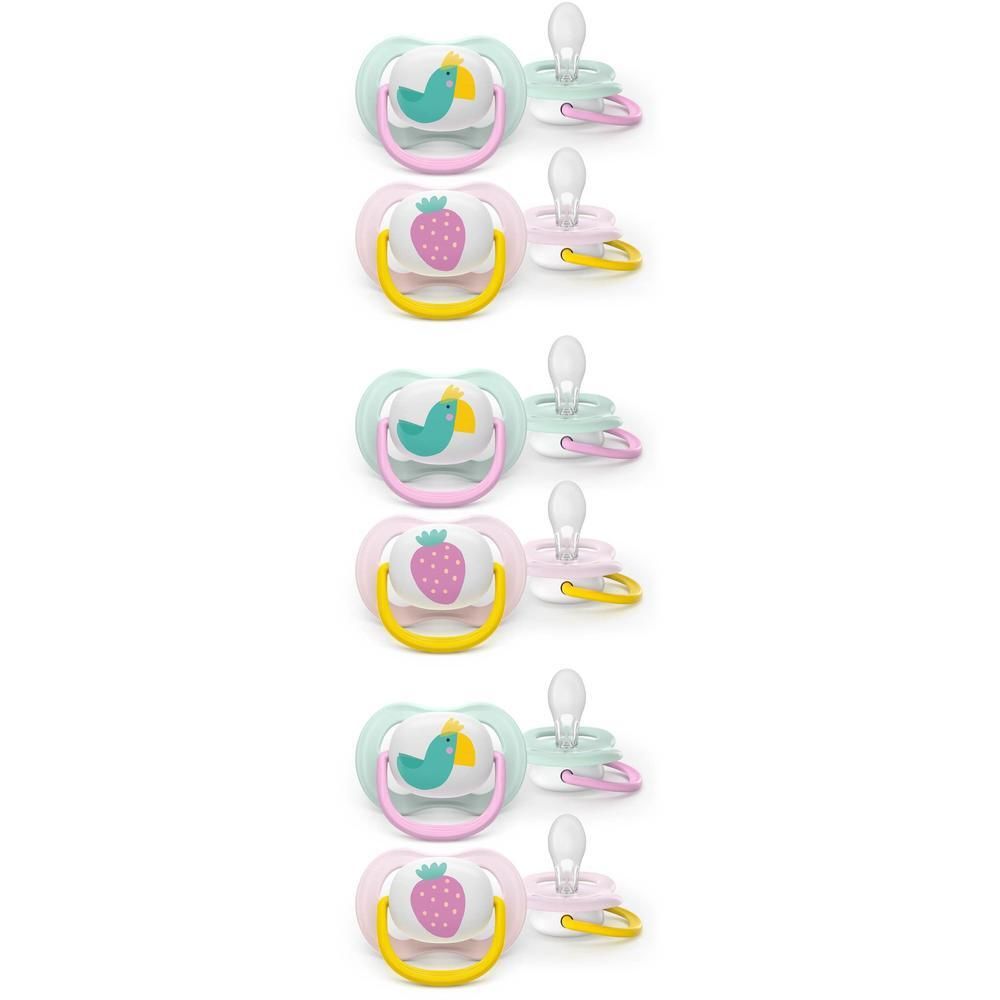 Vijf Philips Avent Ultra Air fopspenen met dierenmotieven (vogel, aardbei) en ventilatiegaten.