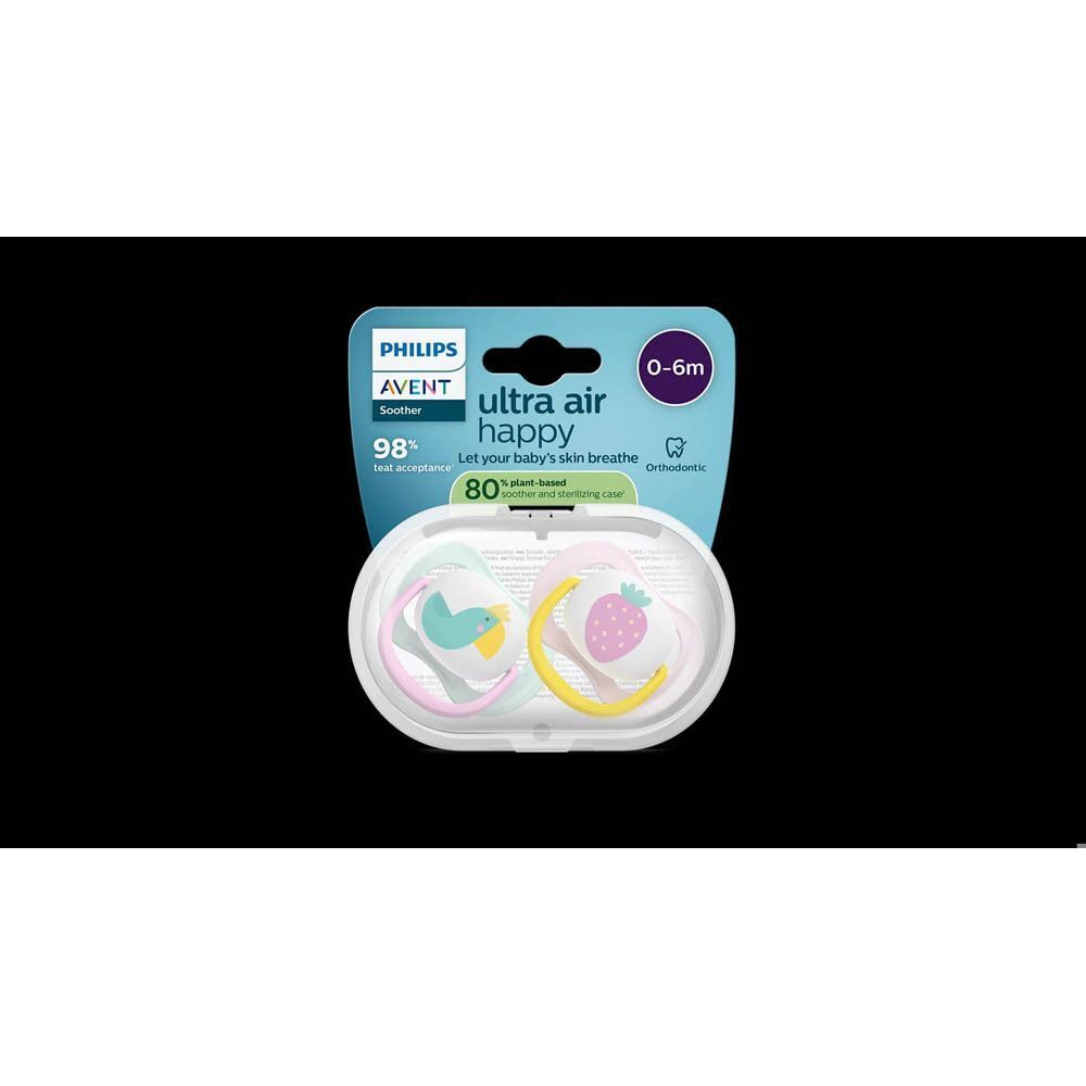 Set de sucettes Philips Avent Ultra Air pour nouveau-nés en emballage, avec deux sucettes (oiseau, fraise).