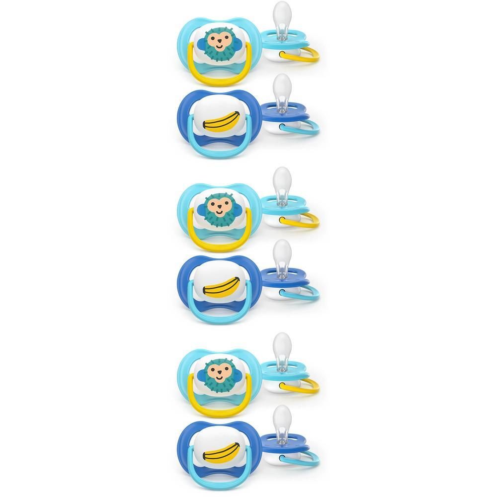 Deux sucettes Philips Avent, motif animal et motif banane, bleues et jaunes.