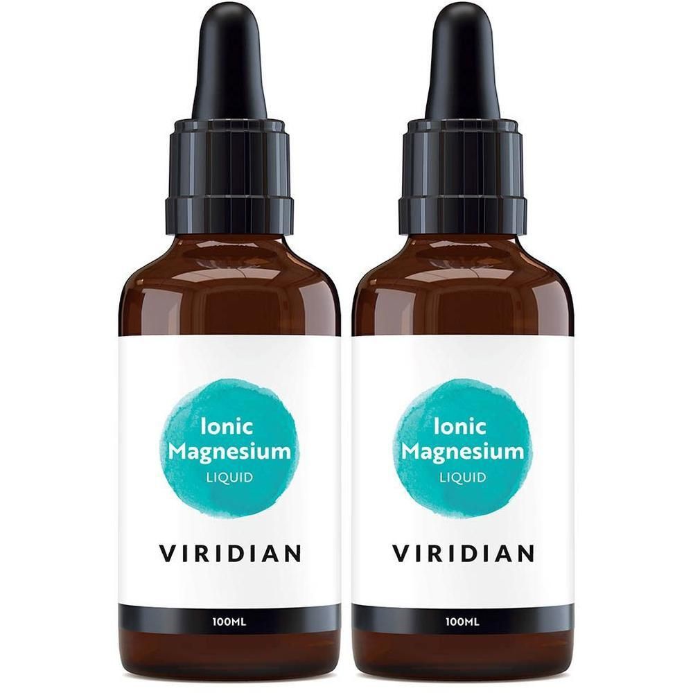 Twee bruine glazen flesjes met druppelaar, gevuld met Viridian Ionic Magnesium Liquid.