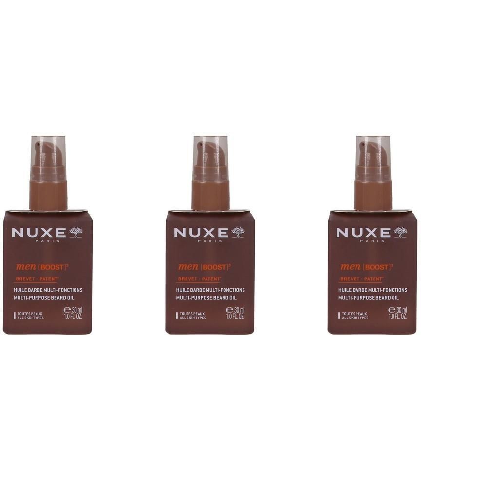 Drie Nuxe Men Boost baardolie flacons met pompdosering.
