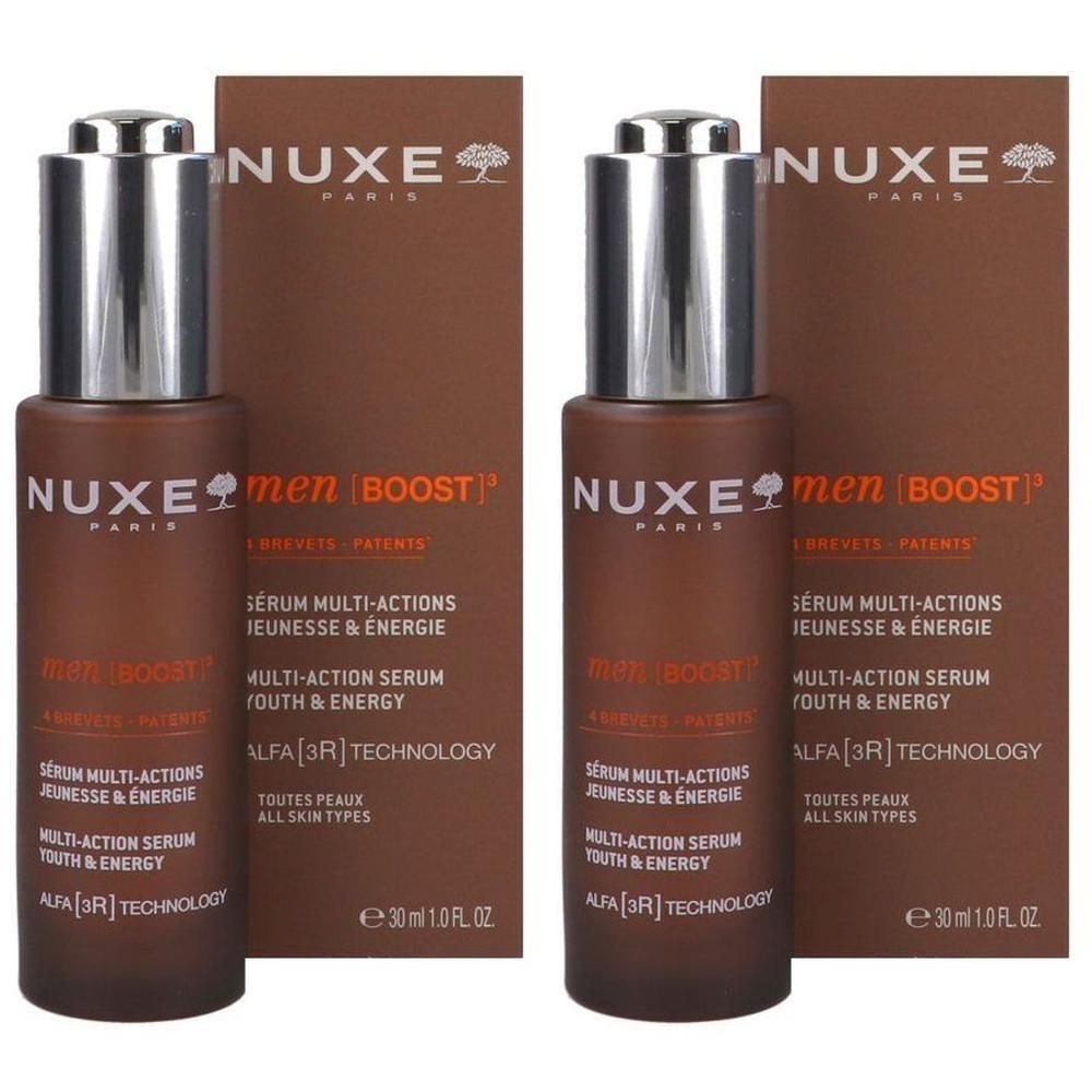 Deux flacons Nuxe Men Boost avec compte-gouttes et boîtes.
