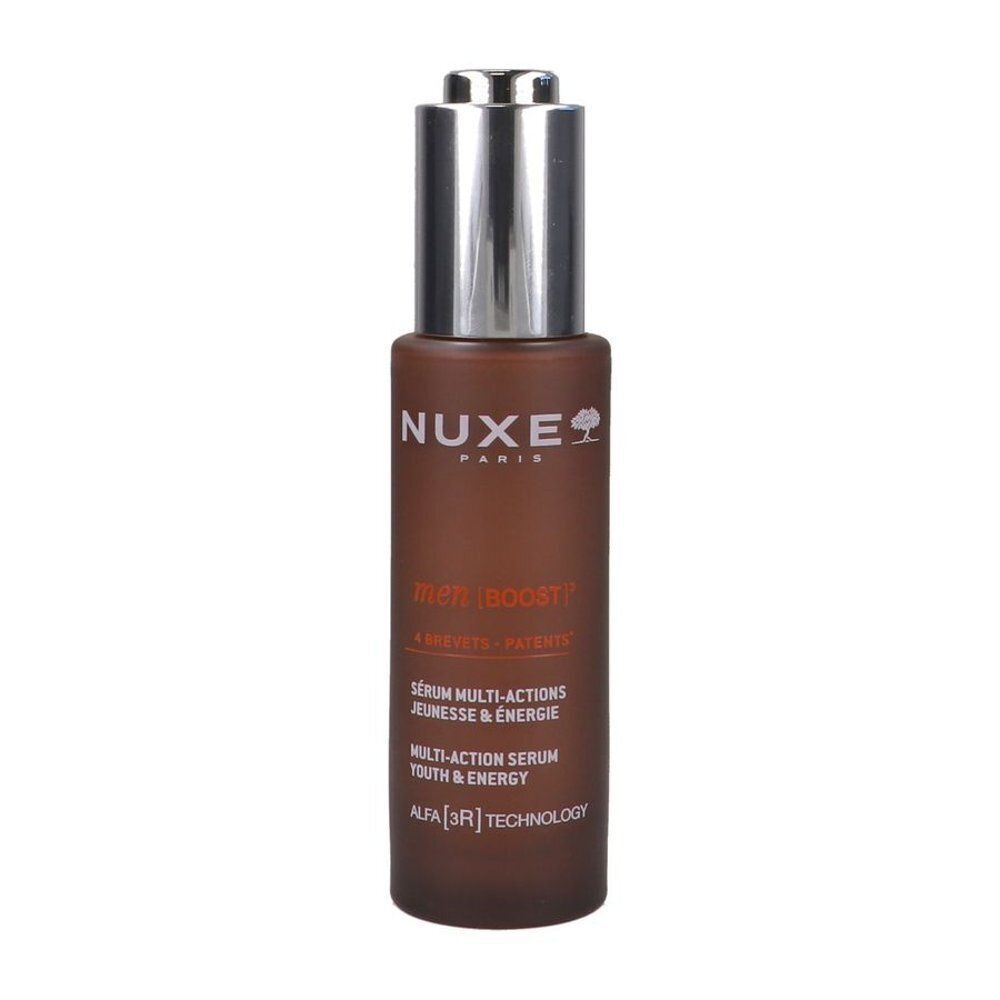 Sérum Nuxe Men Boost Multi-Action dans un flacon en verre brun avec compte-gouttes argenté. Contient la technologie ALFA [3R].