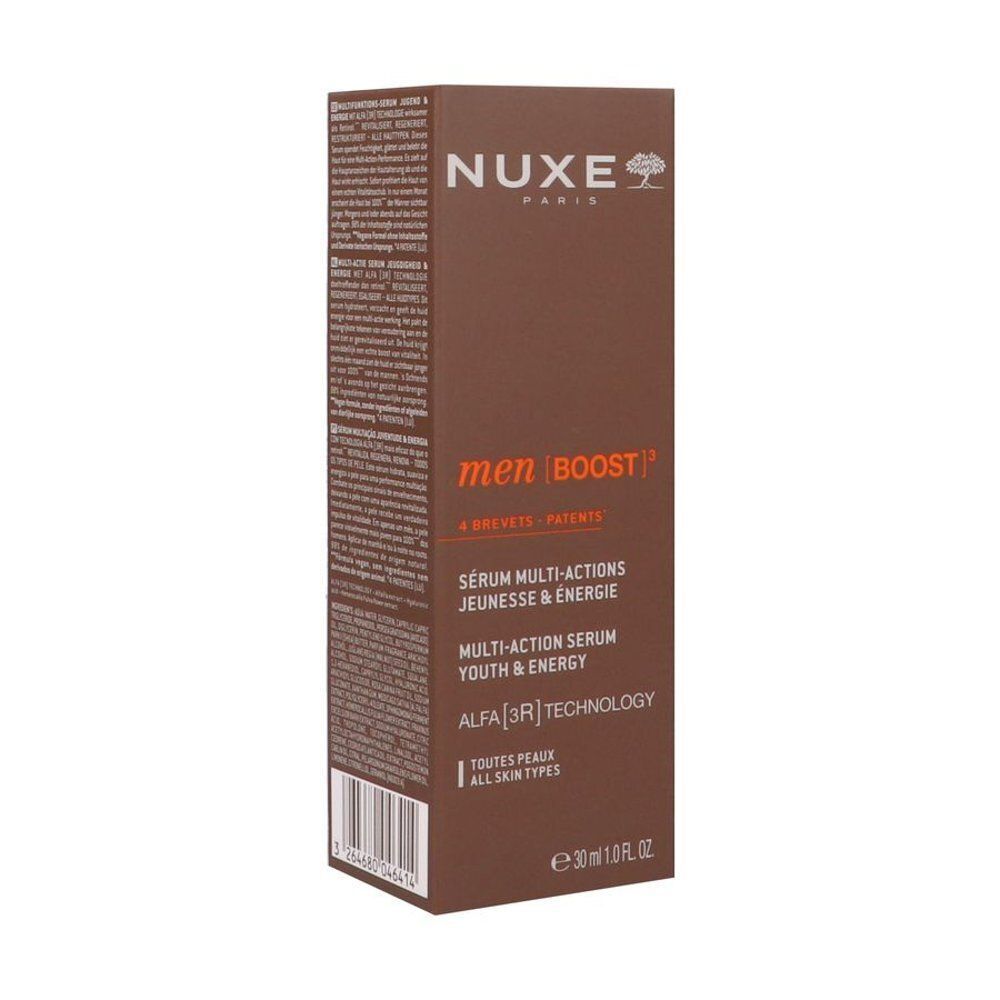 Nuxe Men Boost Multi-Action Serum doos. Bevat ALFA [3R] TECHNOLOGY voor alle huidtypen.