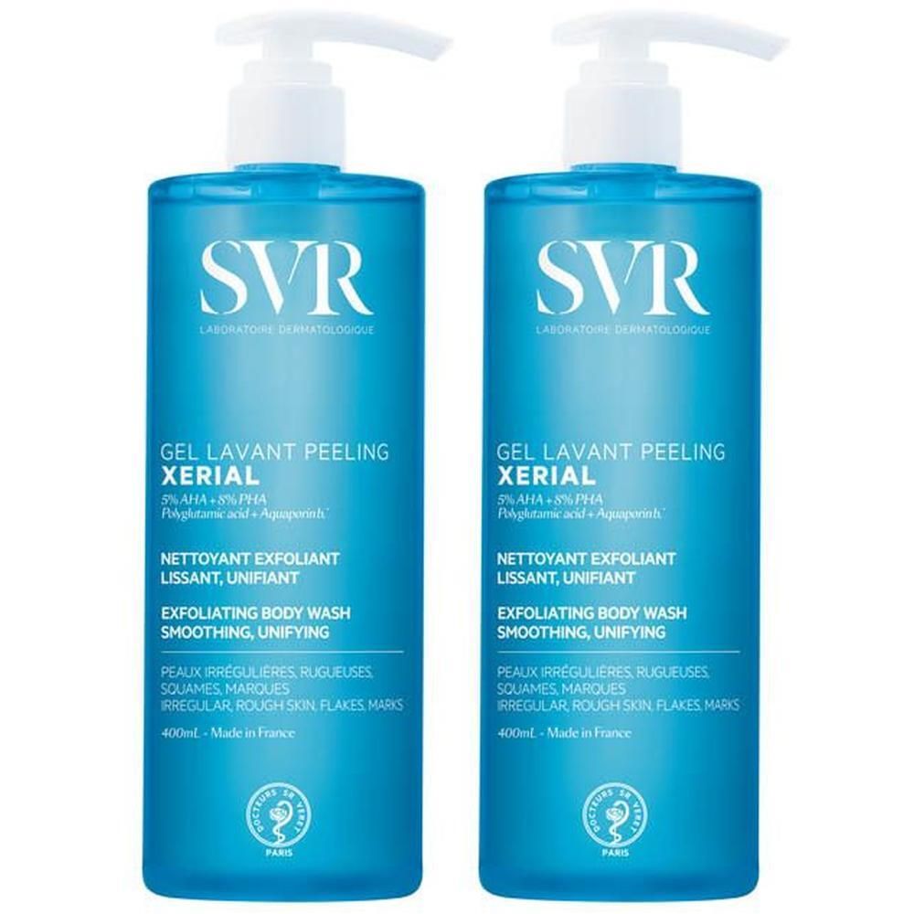 Twee SVR XERIAL Peeling Douchegels met pompdispenser. 400ml, gemaakt in Frankrijk.