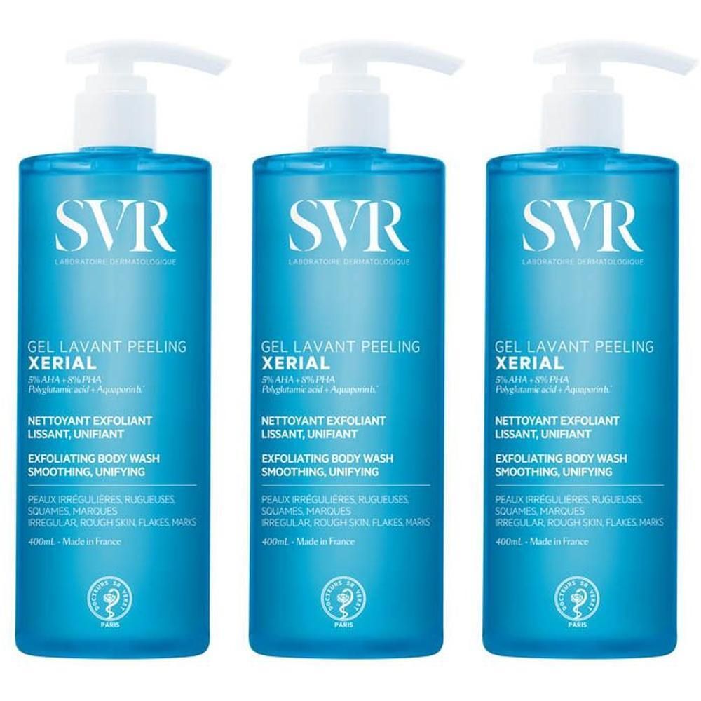 Drie pompflesjes SVR XERIAL Gel Lavant Peeling, 400ml, blauw.