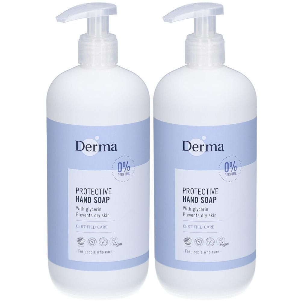 Twee witte pompflesjes Derma Protective Hand Soap met blauw etiket. 0% parfum.
