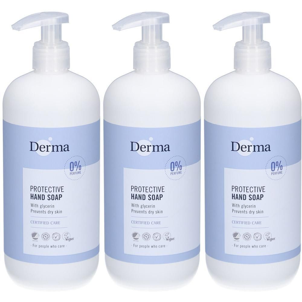 Trois flacons de savon pour les mains protecteur Derma avec distributeurs à pompe. 0% parfum, avec glycérine, protège la peau sèche.