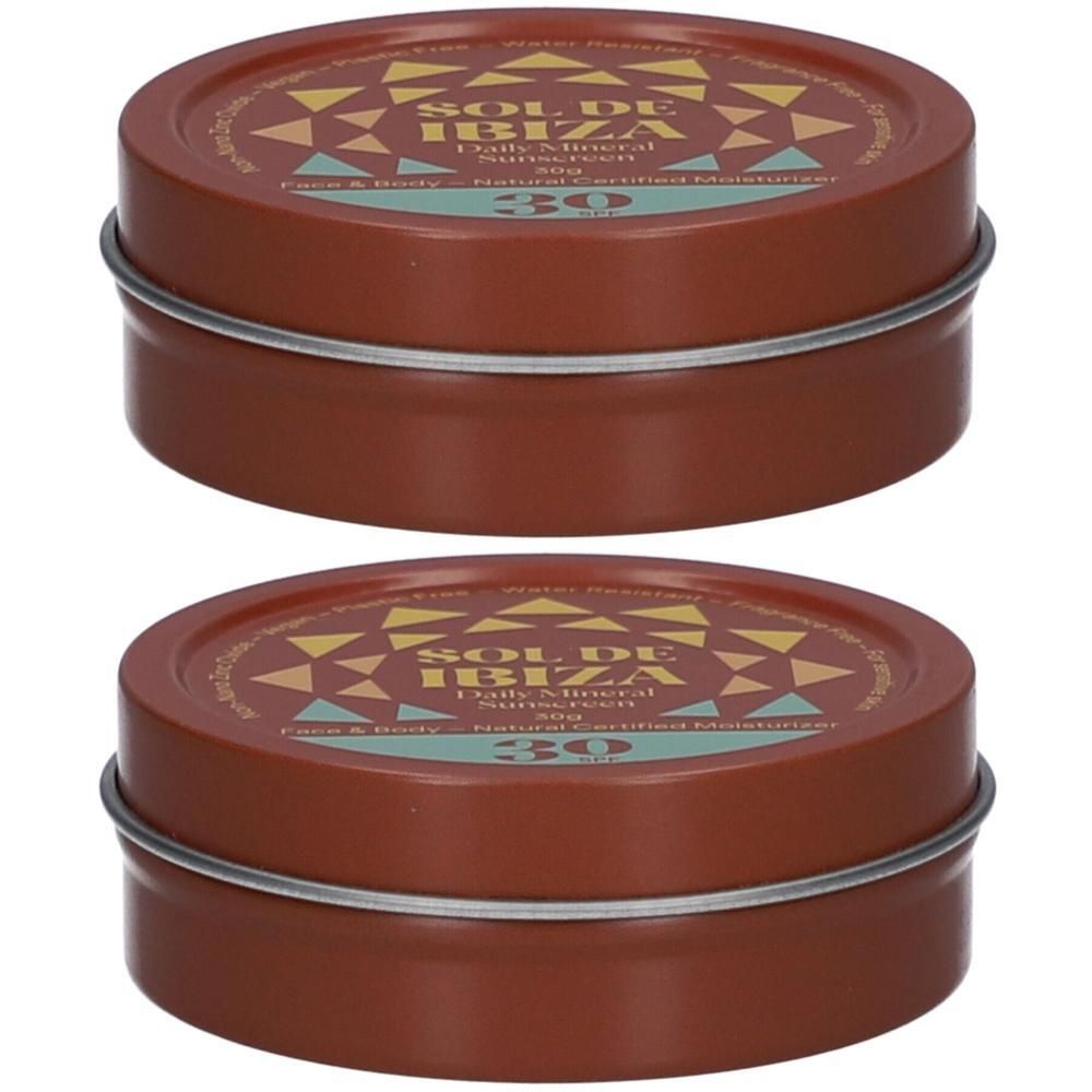 Deux boîtes rondes de crème solaire Sol de Ibiza SPF 30.