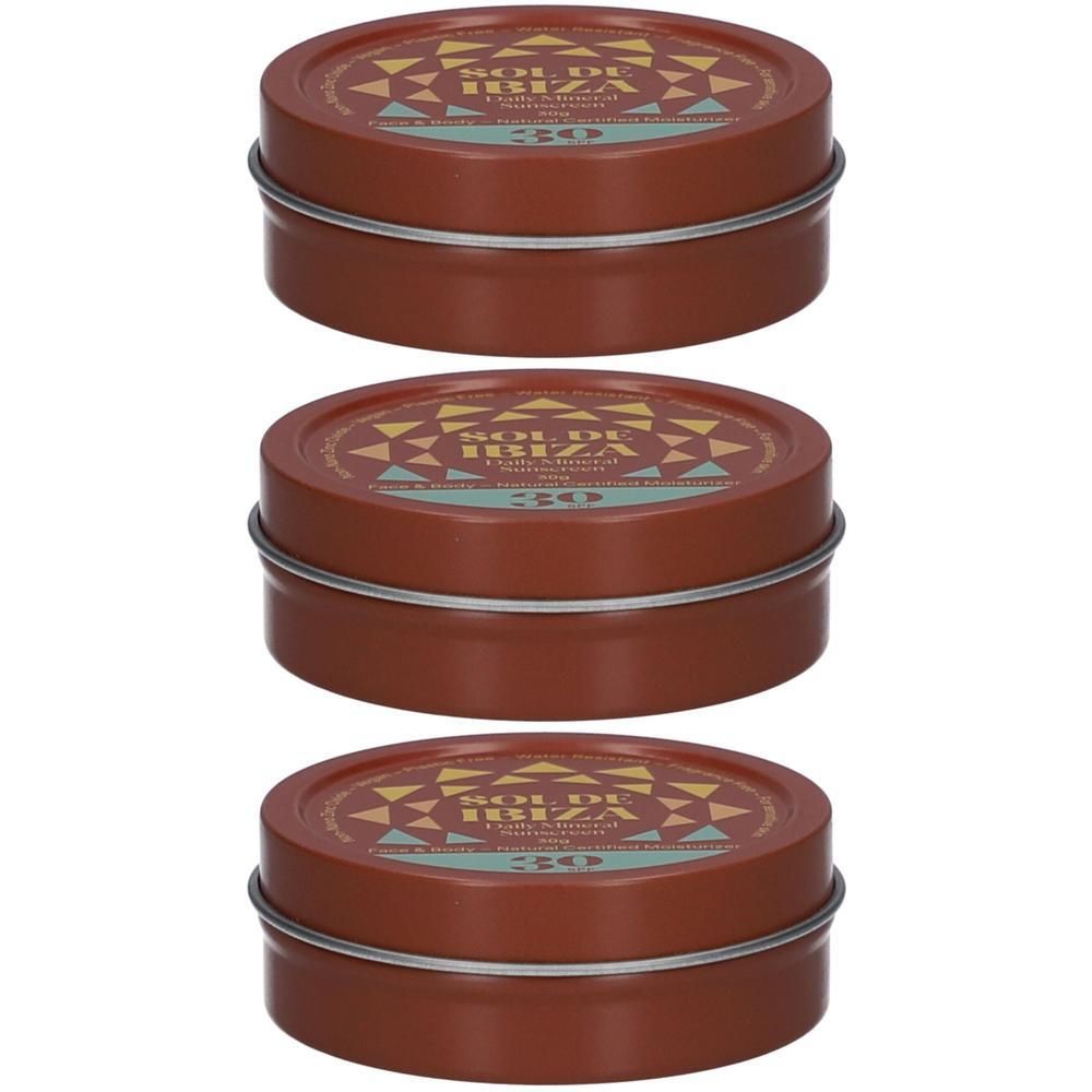 Trois boîtes rondes de crème solaire Sol de Ibiza SPF30.