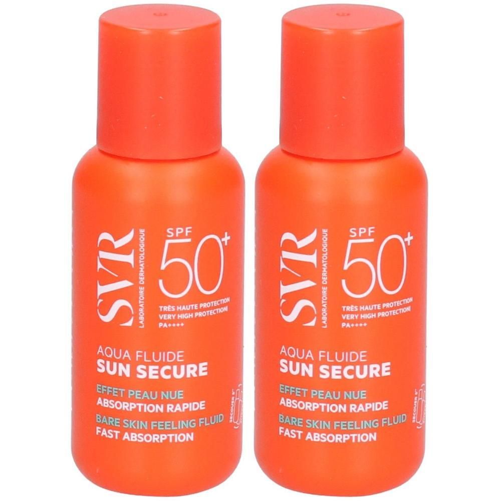 Deux flacons SVR Sun Secure Aqua Fluide avec SPF 50+.
