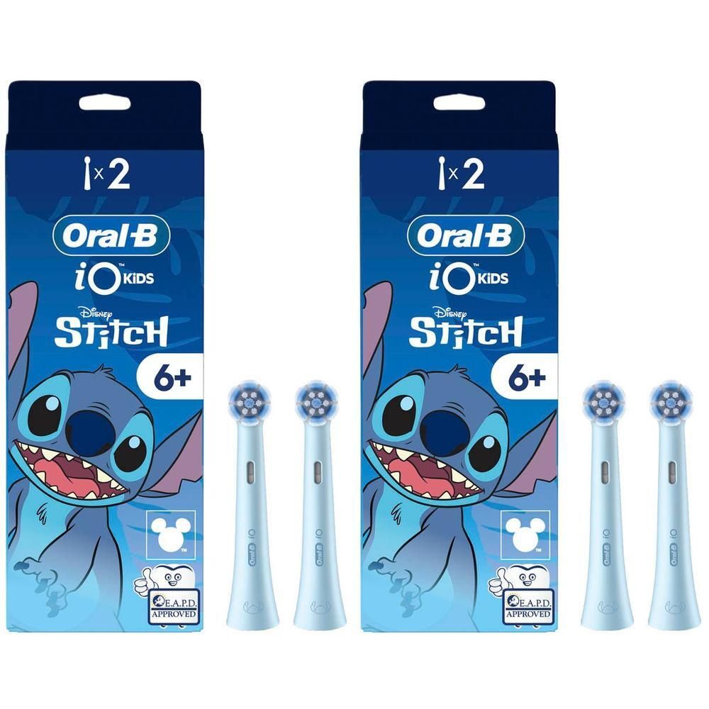 Deux paquets de brossettes Oral-B iO Kids sur le thème de Disney Stitch, pour enfants dès 6 ans.