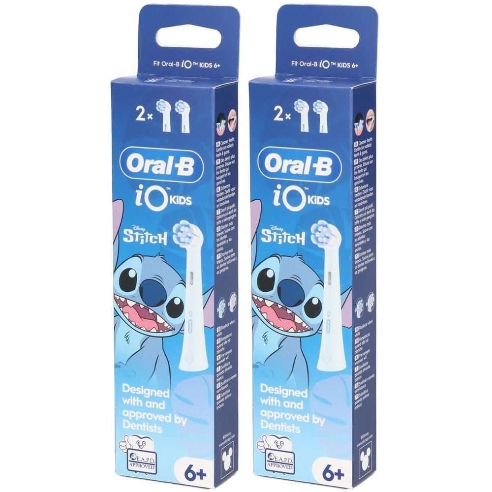 Twee pakken Oral-B iO Kids vervangende opzetborstels met Disney Stitch design.