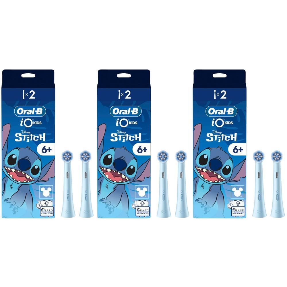 Drie pakken Oral-B iO Kids Disney Stitch opzetborstels, 2 stuks per pak.